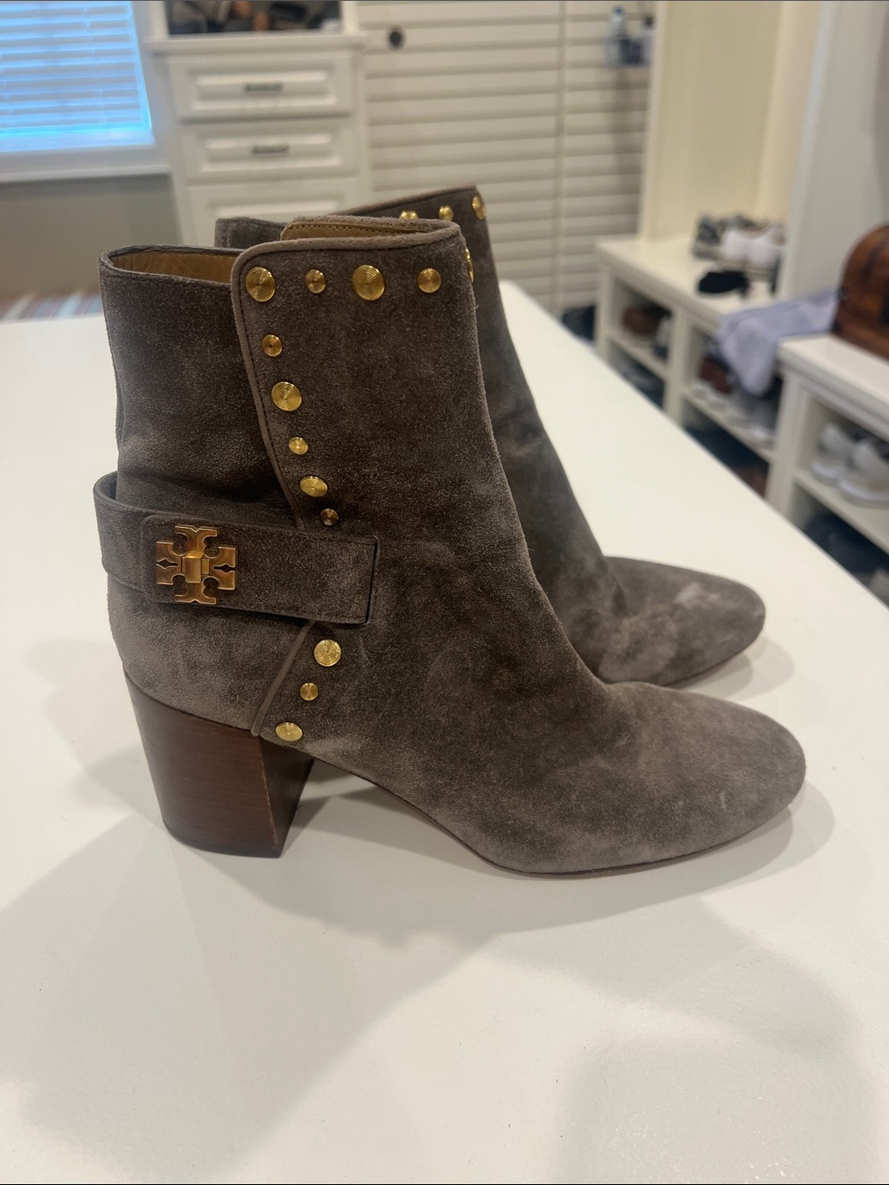 Tory Burch Taupe Suede Studded Ankle Booties